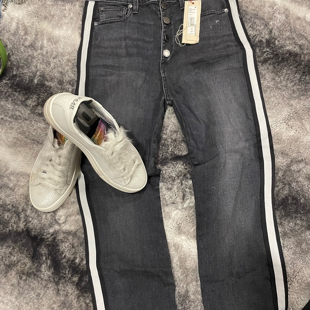 AOLO Black Jeans with White Stripes